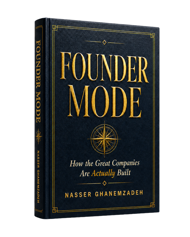 Founder Mode book cover. Hardcover with gold-foil title and compass rose on a dark navy background.